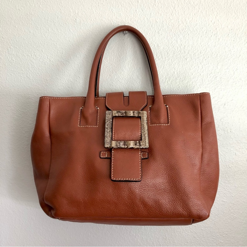 Adrienne Vittadini Camel Brown Leather Tote Bag - Picture 6 of 14